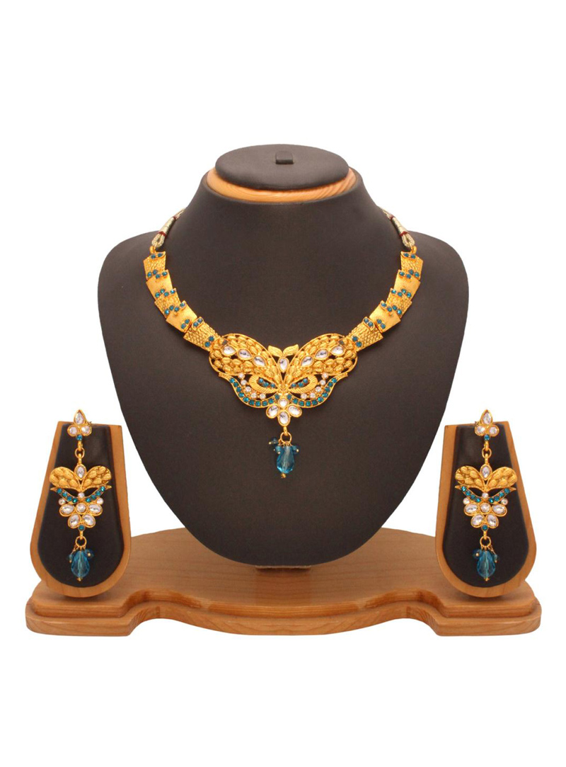 Golden and Blue Stone Studded Necklace Set 26806