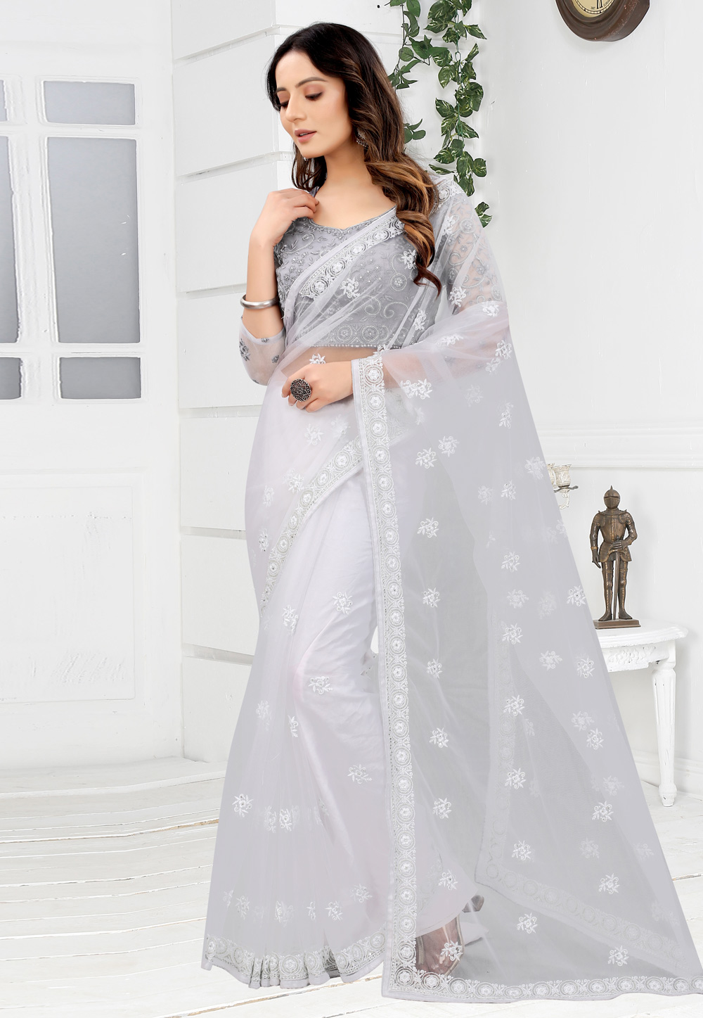 White Net Saree With Blouse 272195