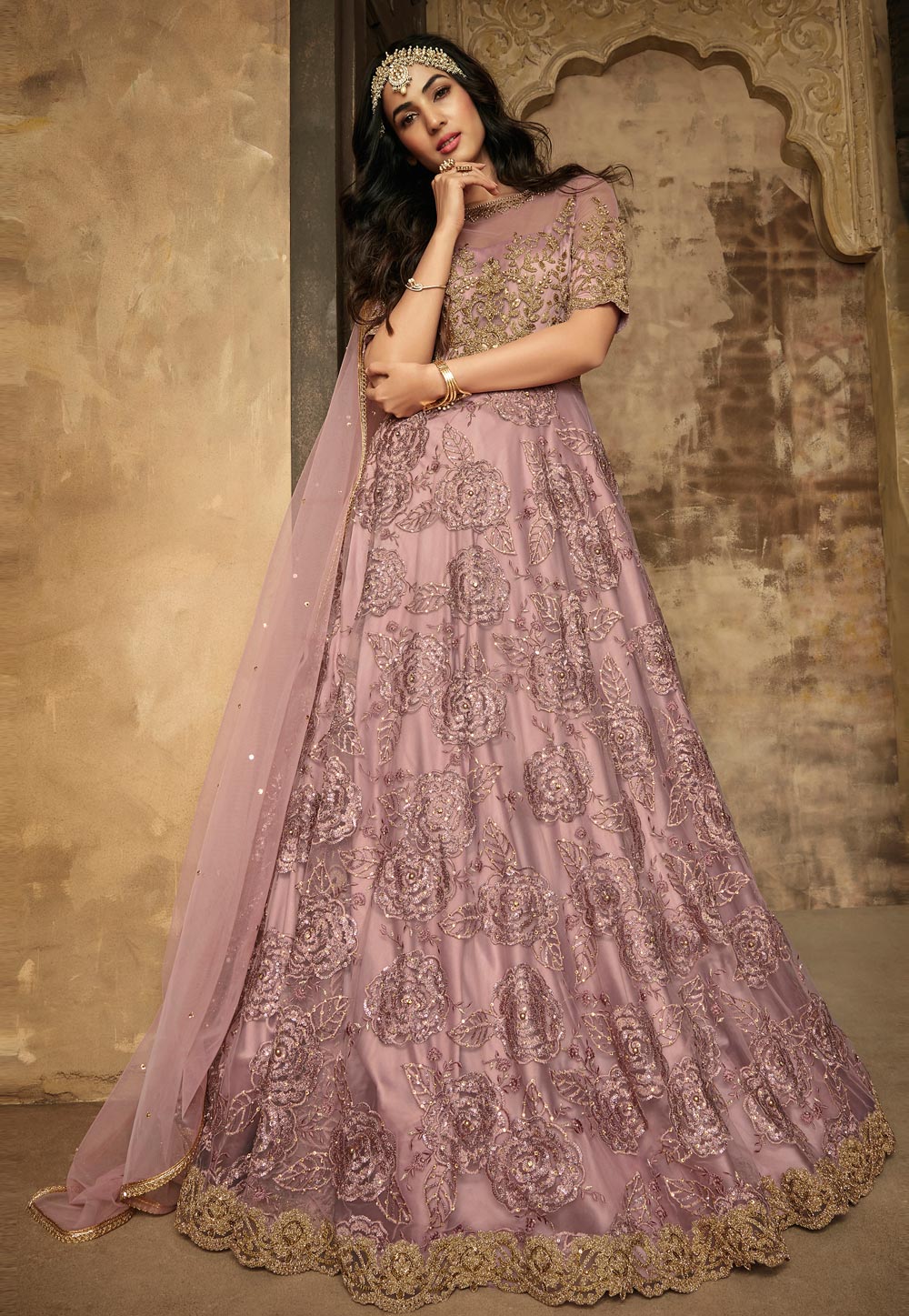 Sonal Chauhan Pink Net Embroidered Floor Length Anarkali Suit 171221