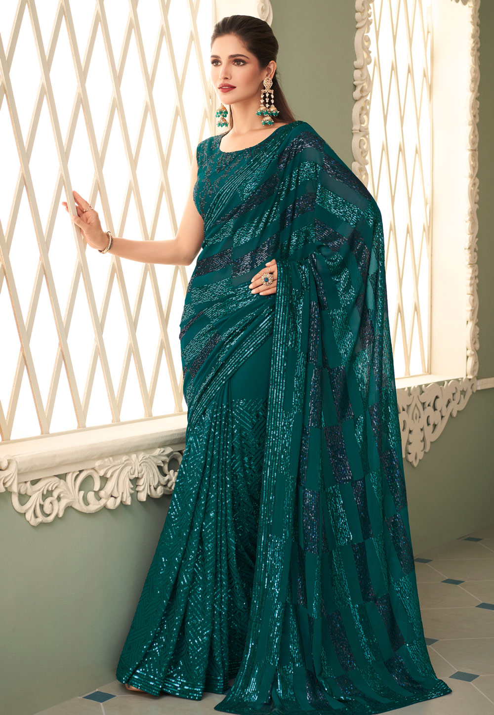 Green Georgette Sequence Saree 250021