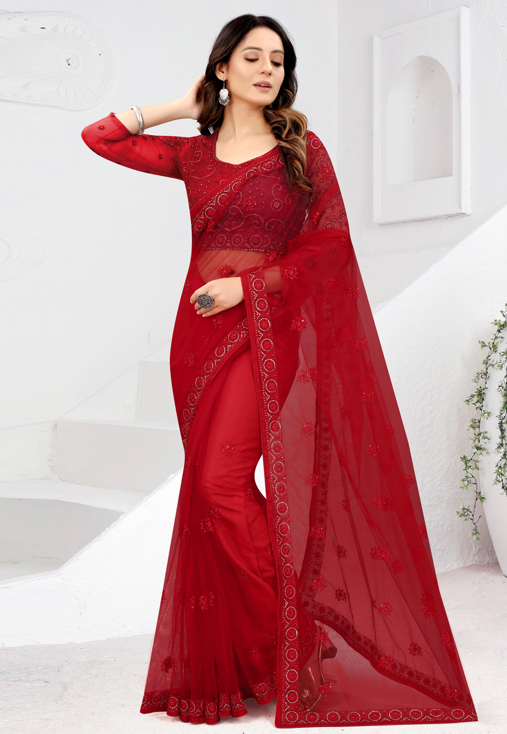 Red Net Saree With Blouse 272196