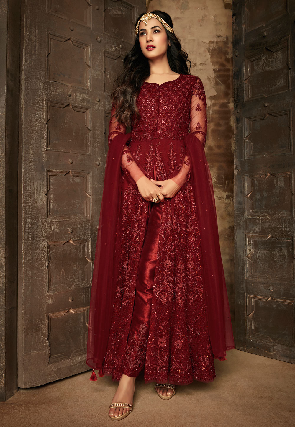 Sonal Chauhan Maroon Net Embroidered Center Slit Anarkali Suit 171223