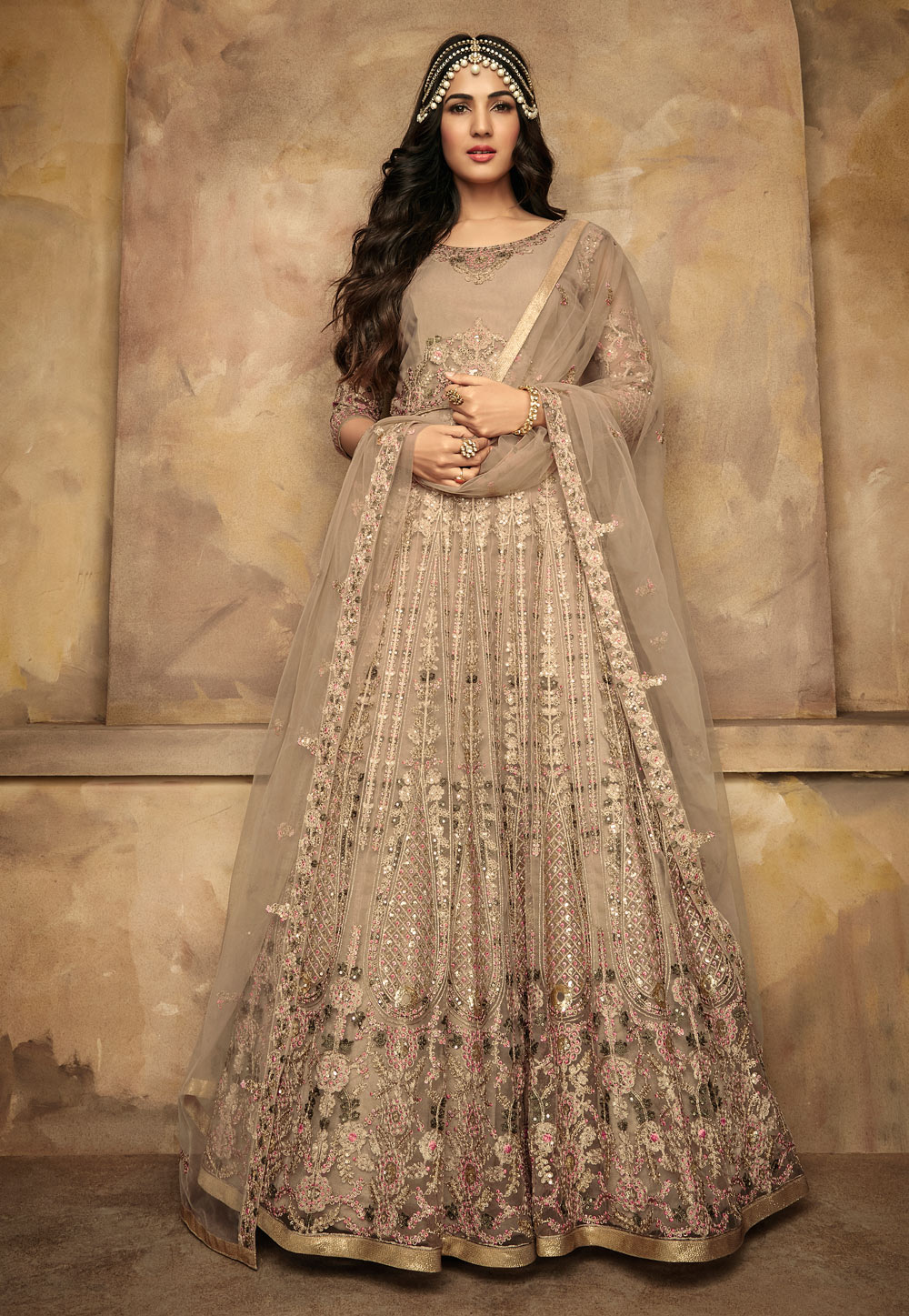 Sonal Chauhan Beige Net Embroidered Abaya Style Anarkali Suit 171224