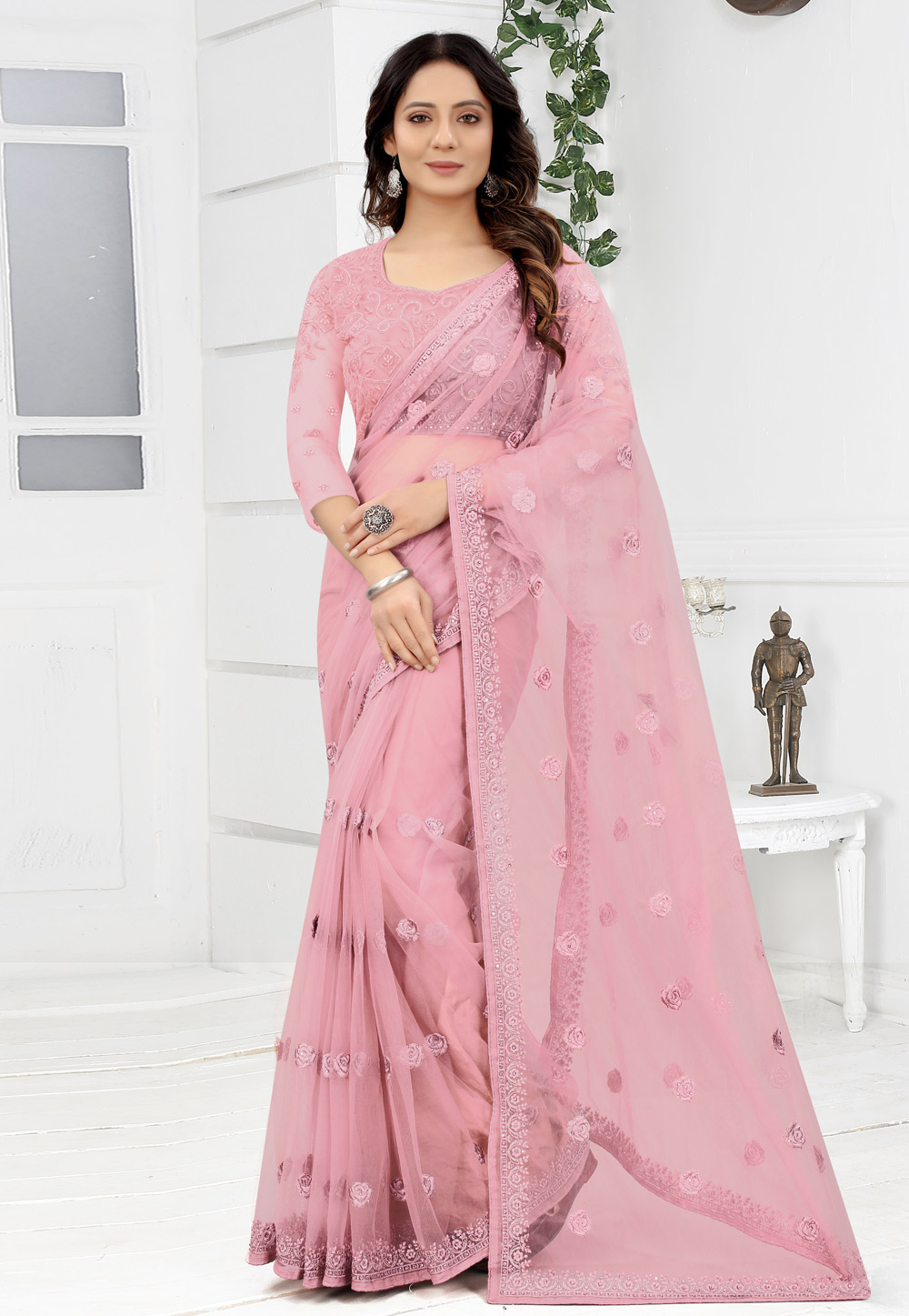 Pink Net Saree With Blouse 272199