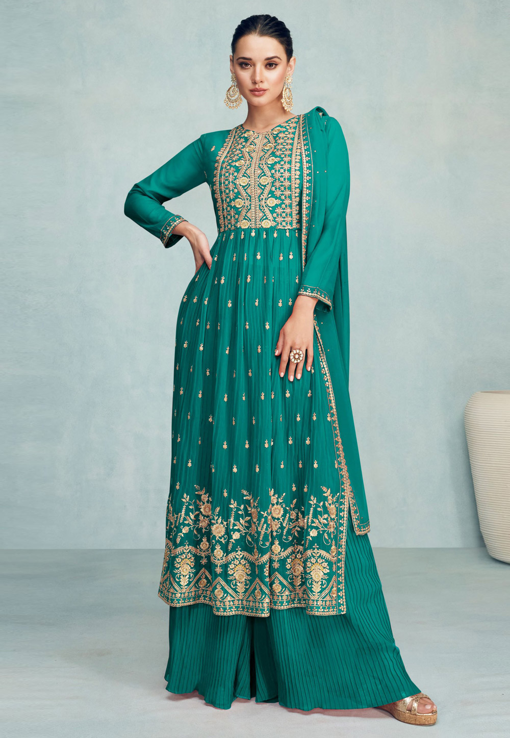 Turquoise Georgette Palazzo Salwar Suit 271099