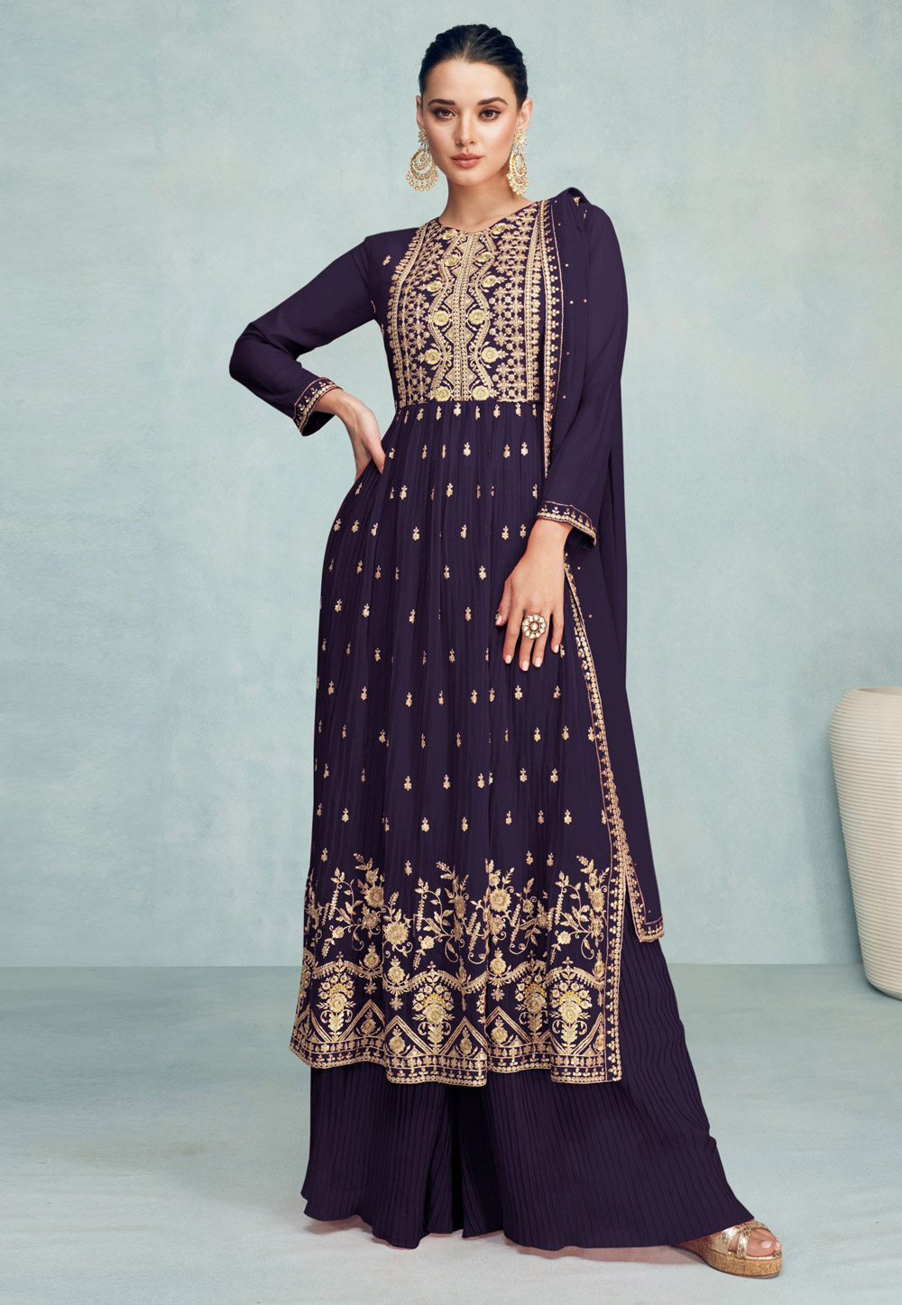 Purple Georgette Embroidered Pakistani Suit 271102
