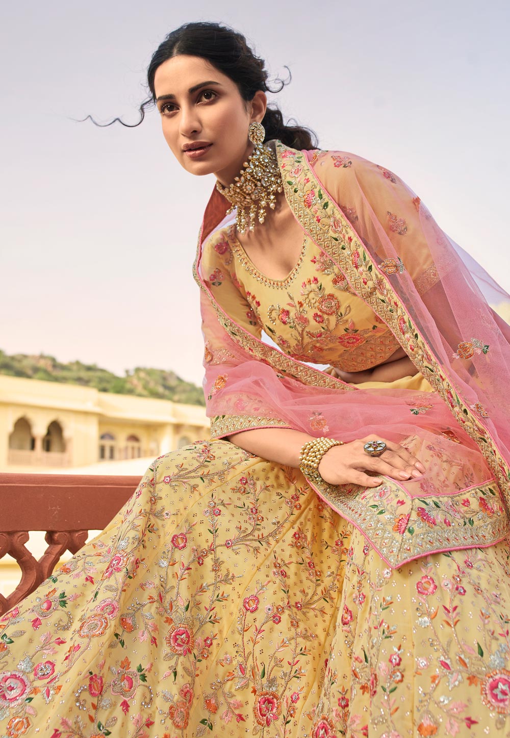 Buy Pink Ethnic Pink and Yellow Sequins Embroidered Organza Silk Lehenga  Choli online