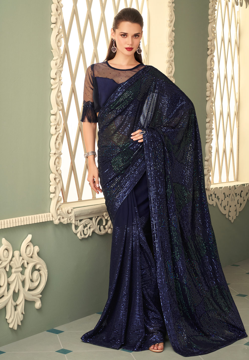 Navy Blue Georgette Saree With Blouse 250028
