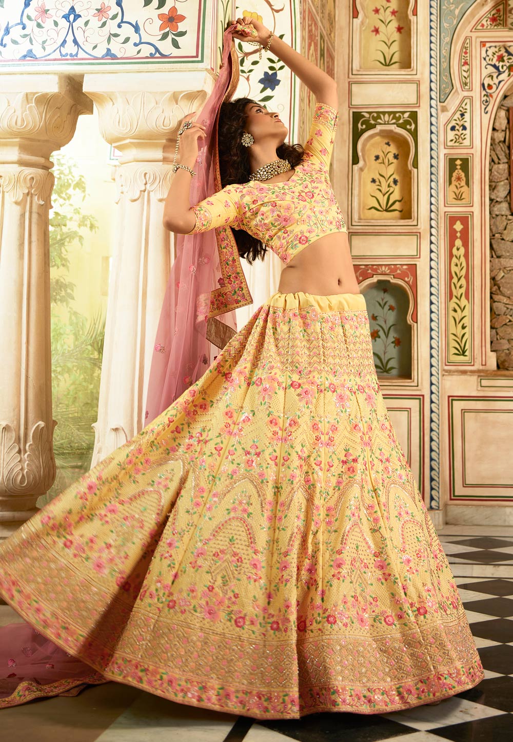 Brown Floral Party Wear Lehenga In Art Silk