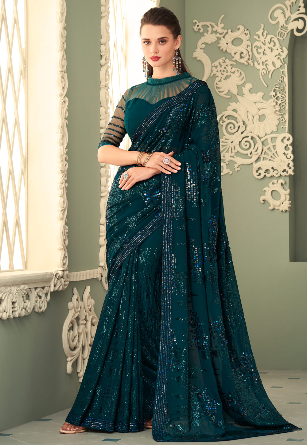 Teal Georgette Saree With Blouse 250030