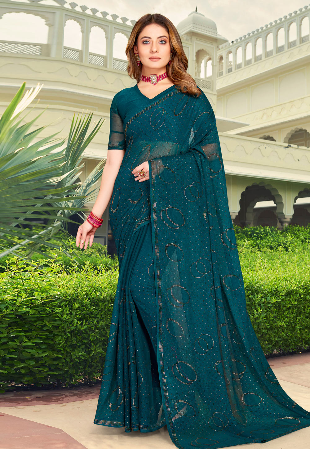 Teal Shimmer Saree With Blouse 272689