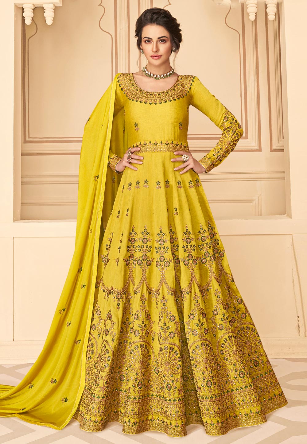 Mustard Silk Abaya Style Anarkali Suit 215956