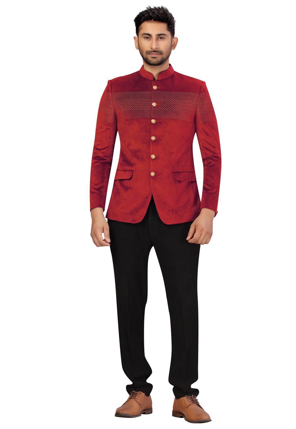 Maroon Velvet Jodhpuri Suit 231101