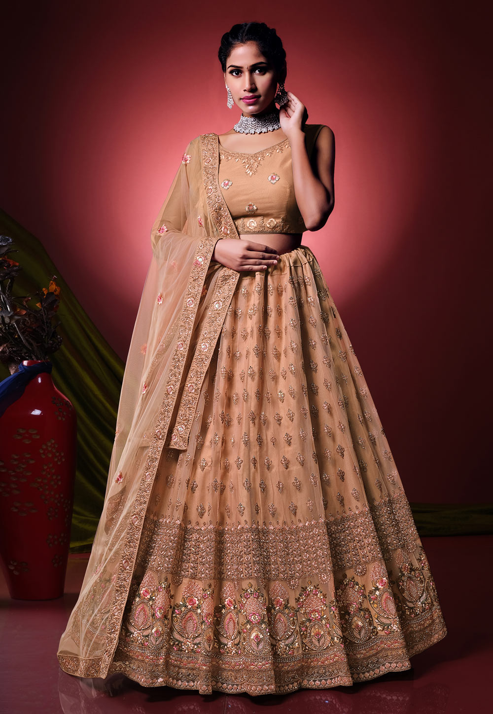 Peach Net Circular Lehenga Choli 271777