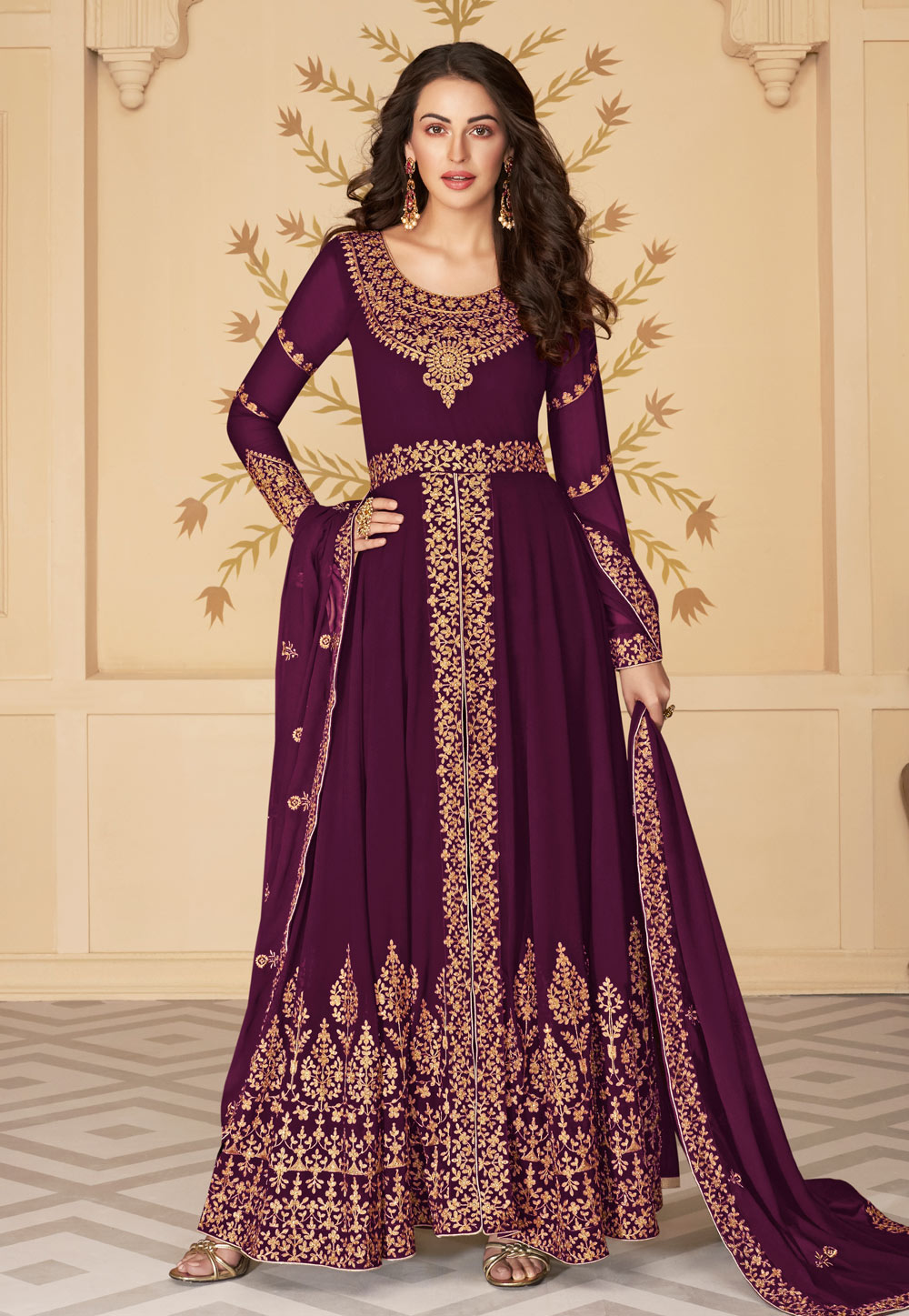 Purple Georgette Embroidered Abaya Style Anarkali Suit 213089