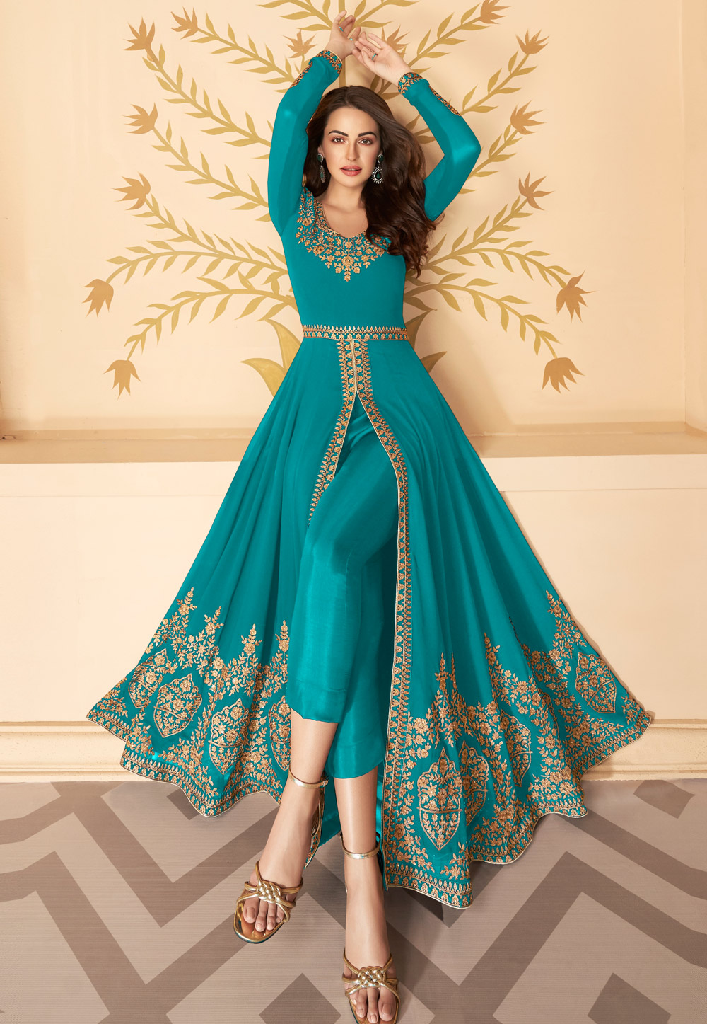 Aqua Georgette Embroidered Pant Style Suit 222985