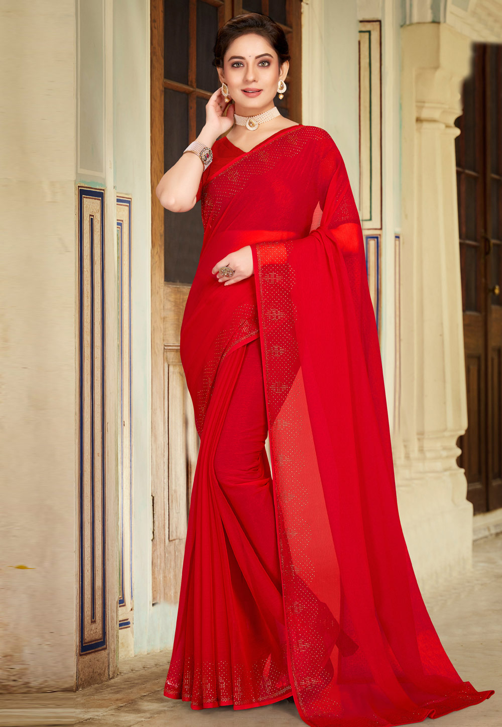 Red Shimmer Saree With Blouse 272696