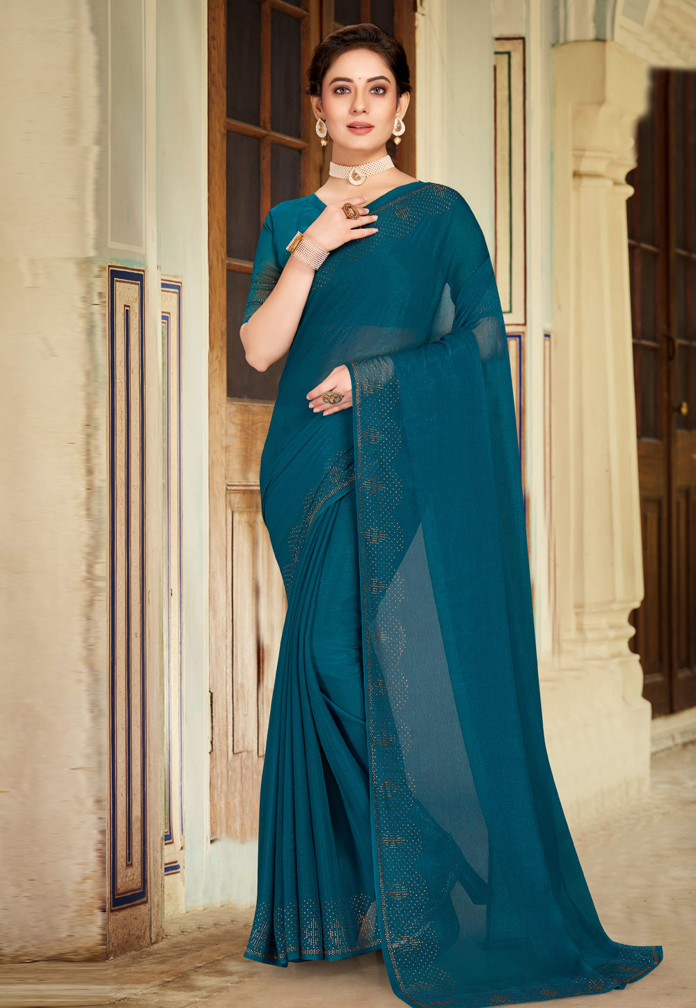 Navy Blue Shimmer Saree With Blouse 272697