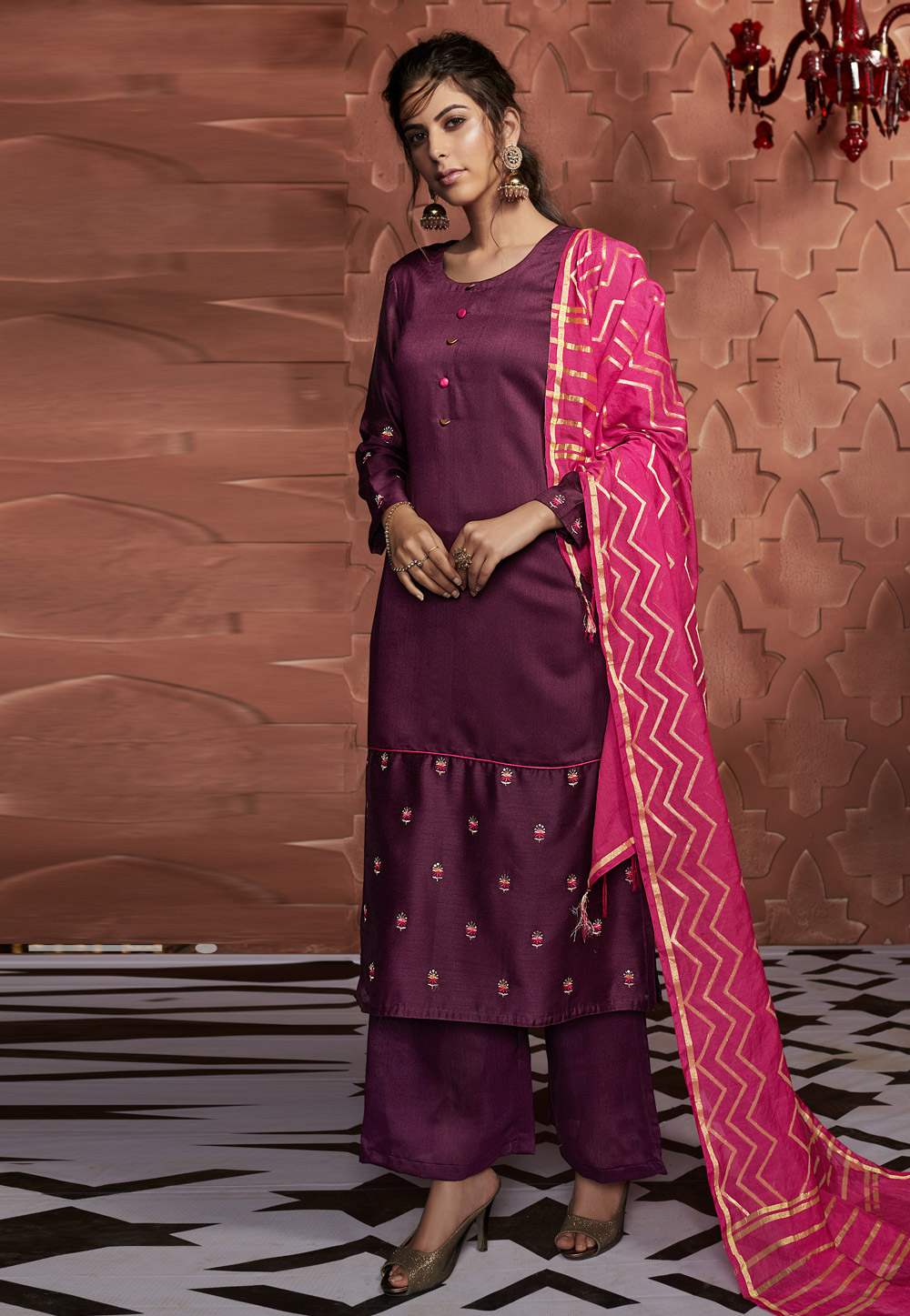 Purple Silk Readymade Palazzo Suit 197250