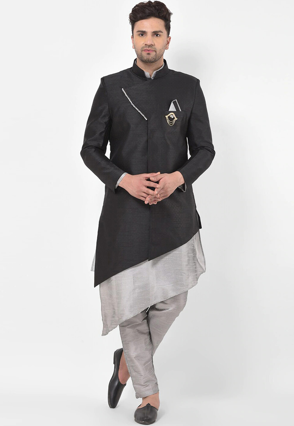 Grey Dupion Silk Kurta Pajama With Jacket 251651