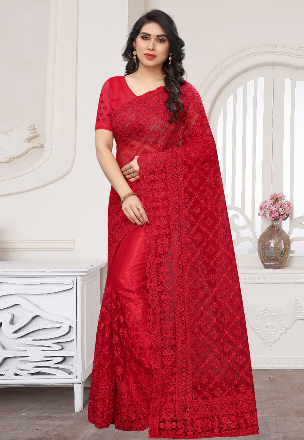 Red Net Saree With Blouse 211204