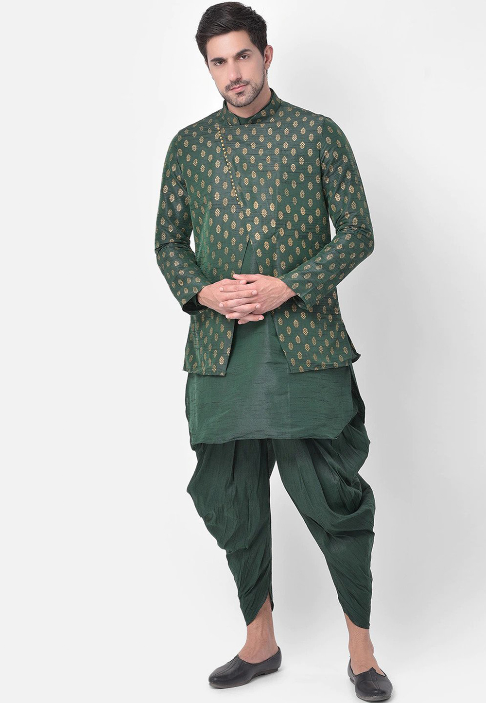 Green Dupion Silk Kurta Pajama With Jacket 251653
