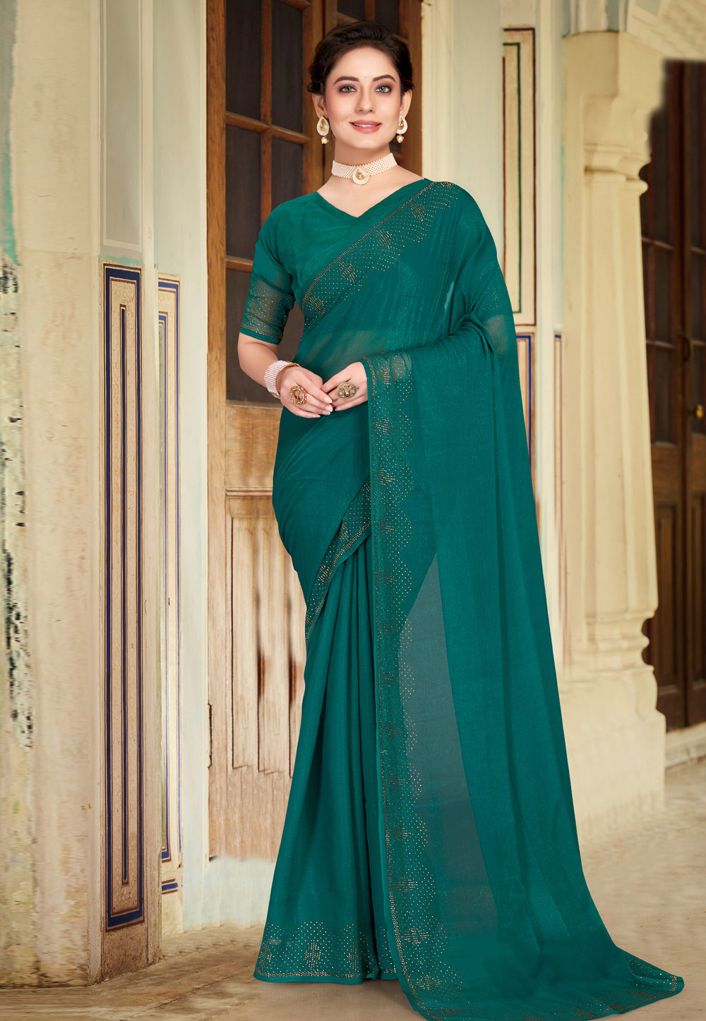 Teal Shimmer Saree With Blouse 272701