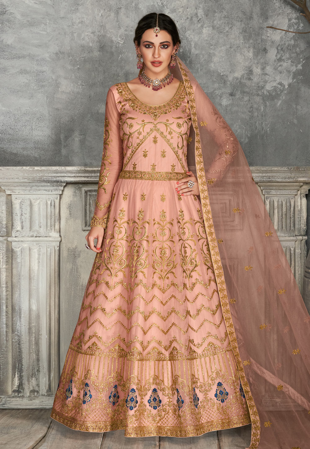 Peach Net Embroidered Long Anarkali Suit 218252