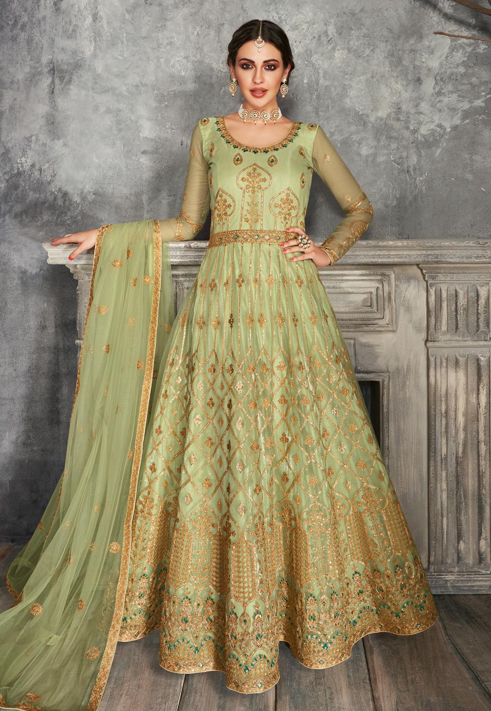 Light Green Net Embroidered Abaya Style Anarkali Suit 218253