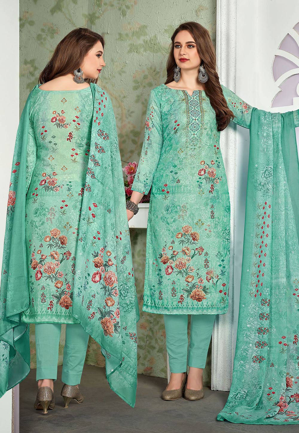 Turquoise Muslin Printed Kameez With Pant 181766