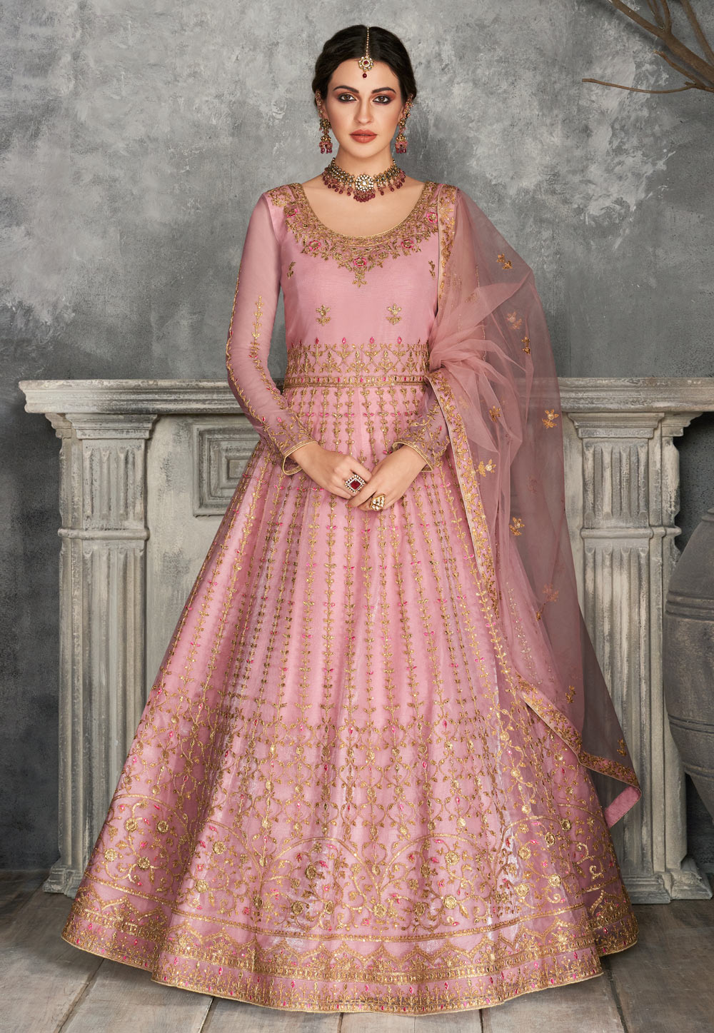 Pink Net Embroidered Long Anarkali Suit 218255