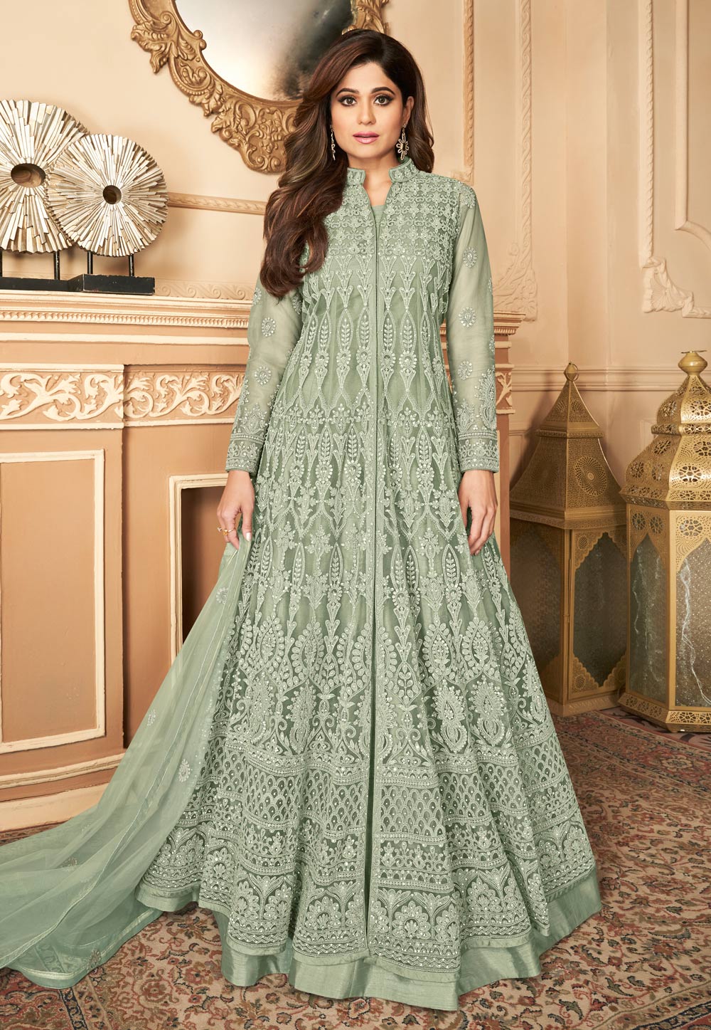 Shamita Shetty Light Green Net Abaya Style Anarkali Suit 216469