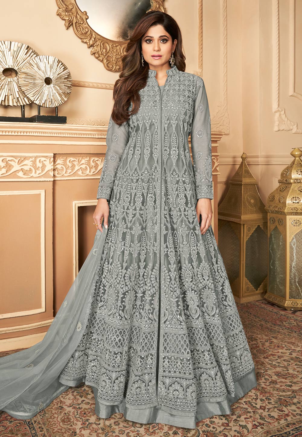 Shamita Shetty Grey Net Abaya Style Anarkali Suit 216470
