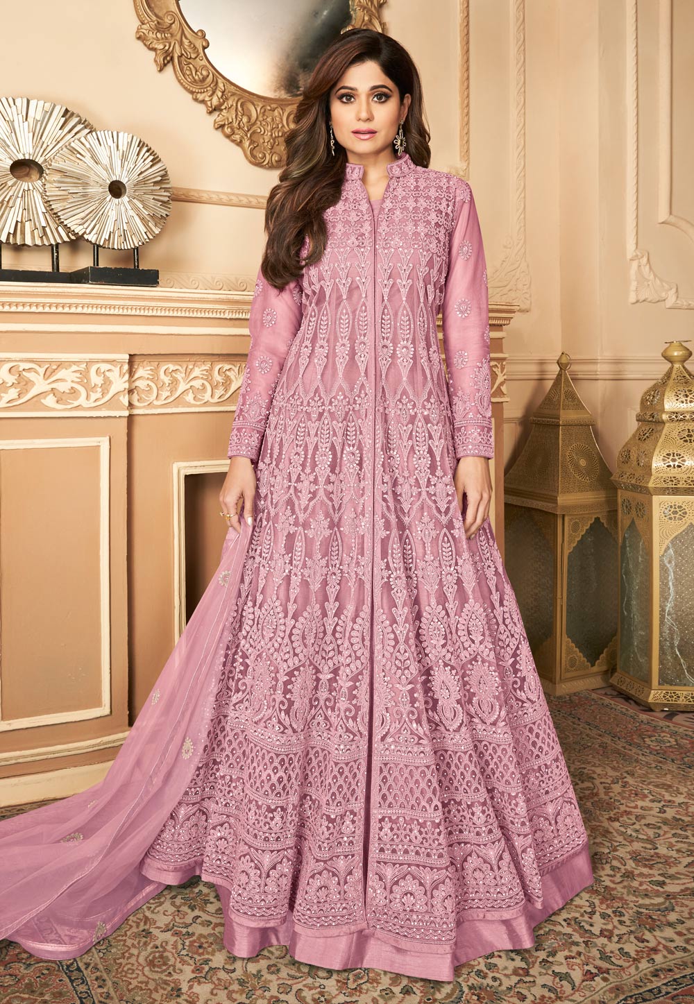 Shamita Shetty Pink Net Floor Length Anarkali Suit 216471