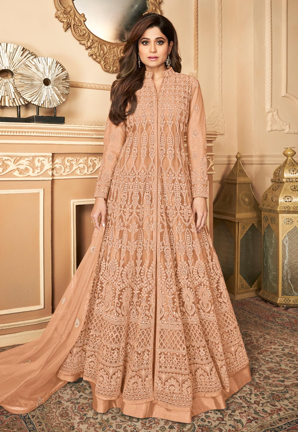 Shamita Shetty Peach Net Floor Length Anarkali Suit 216468