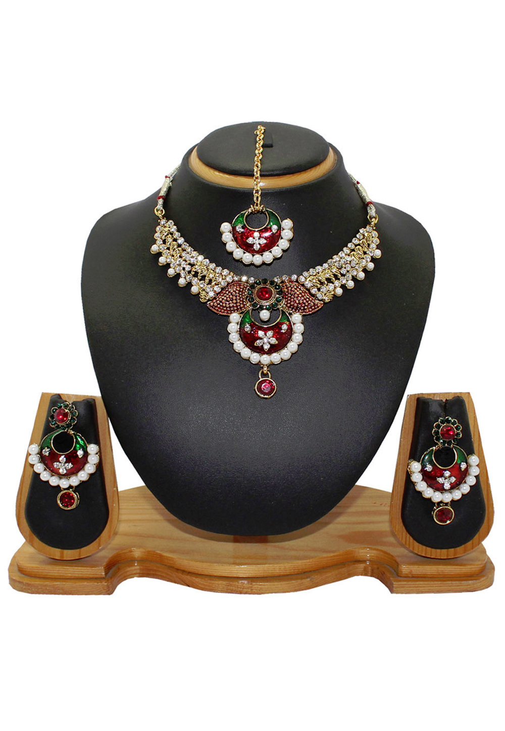 Maroon Alloy Austrian Diamonds Necklace With Earrings and Maang Tikka 64332