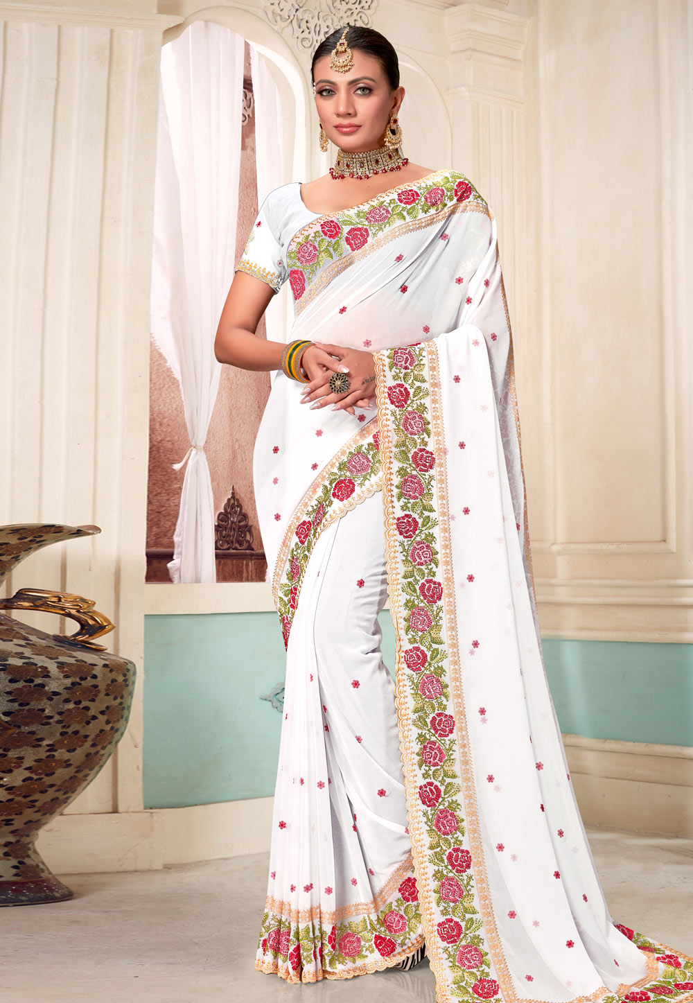 White Georgette Saree With Blouse 273143