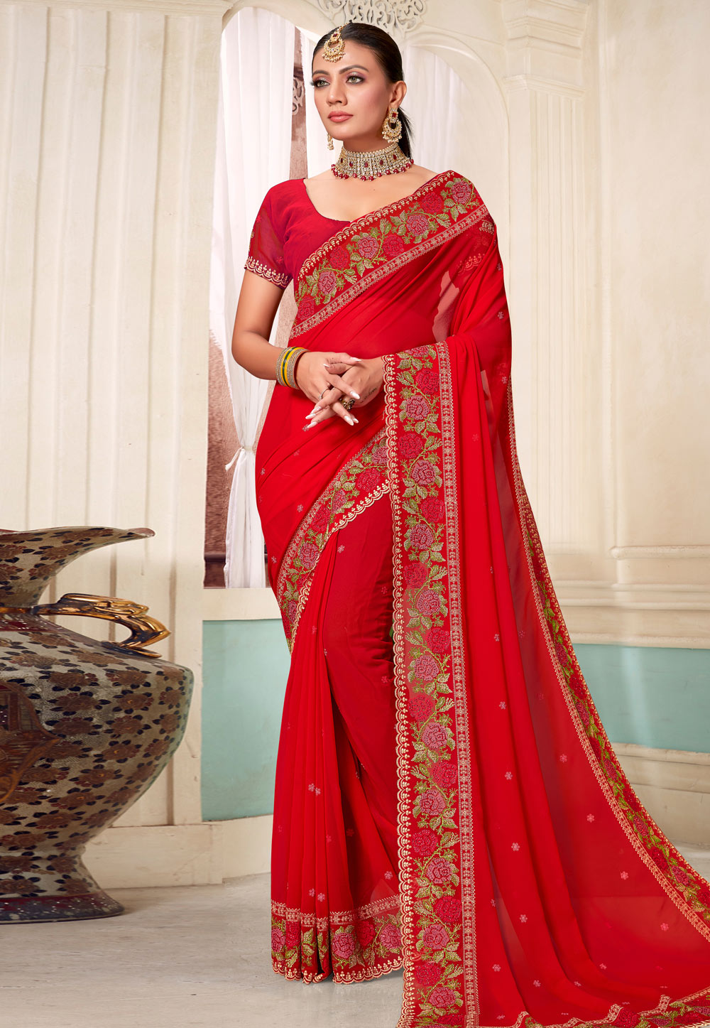 Red Georgette Saree With Blouse 273144