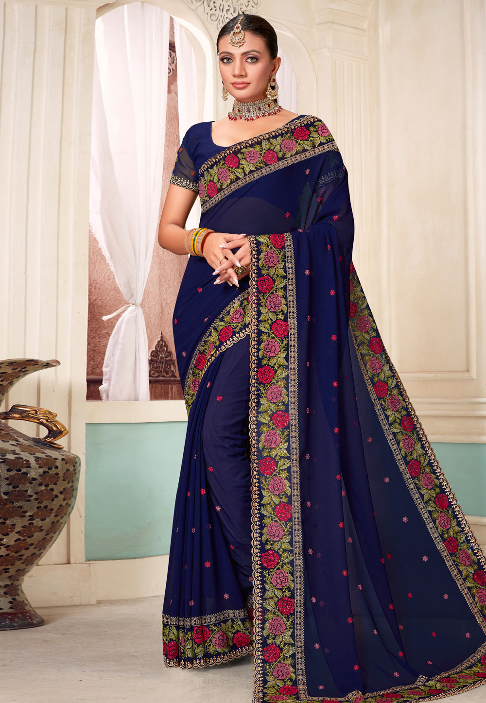Navy Blue Georgette Saree With Blouse 273145