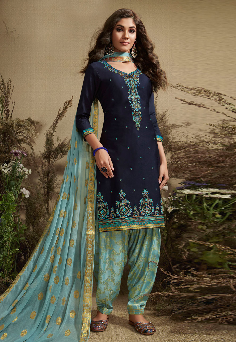 Navy Blue Silk Punjabi Suit 181530