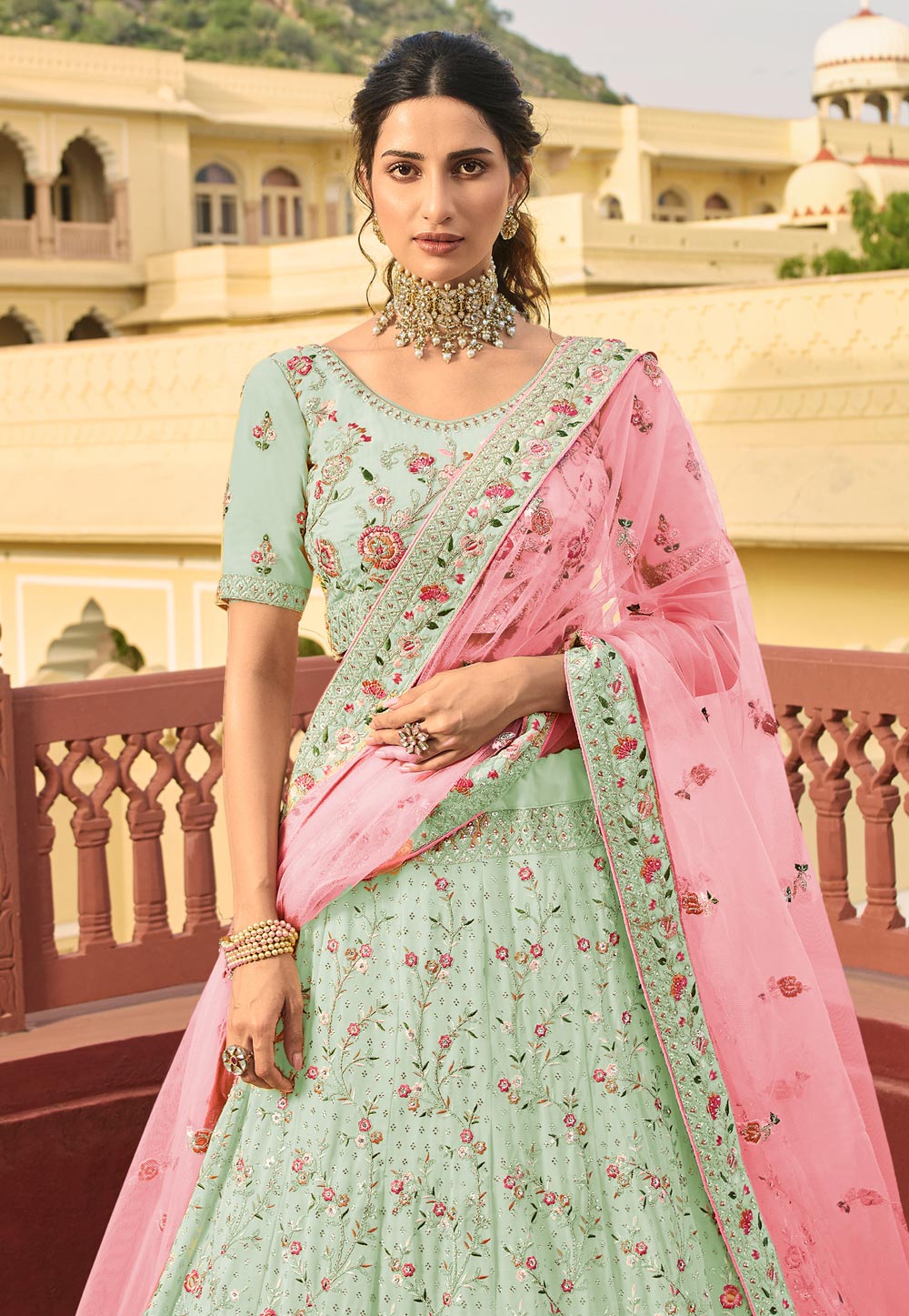 Fuschia pink with parrot green lehenga for mehendi #wedmegood #mehendi  #pinklehenga #greenlehenga #s… | Bridal outfits, Embroidery blouse indian,  Half saree designs