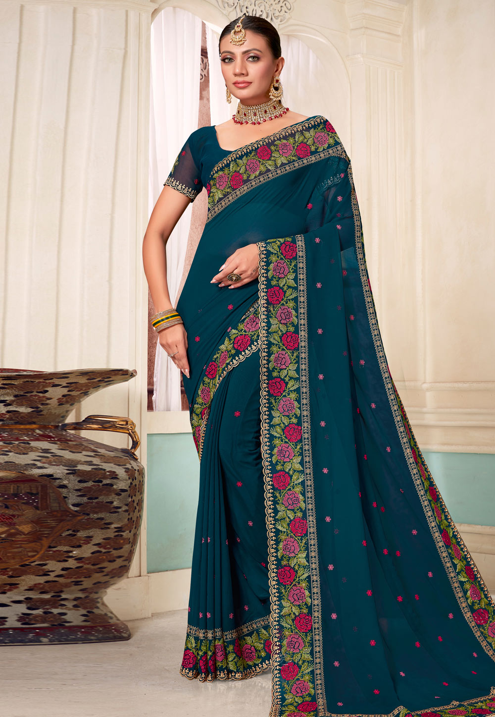 Teal Georgette Saree With Blouse 273147