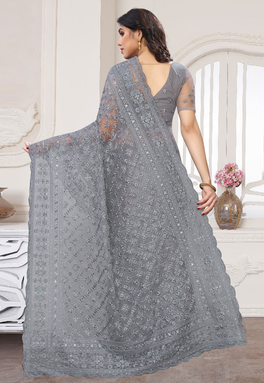 Spicy Grey Zari Woven Banarasi Cotton Saree