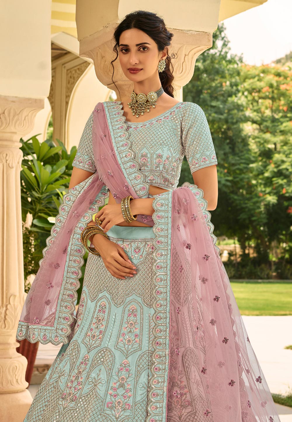 Buy Pink Green Georgette Party Wear Sequins Work Lehenga Choli Online From  Wholesale Salwar.