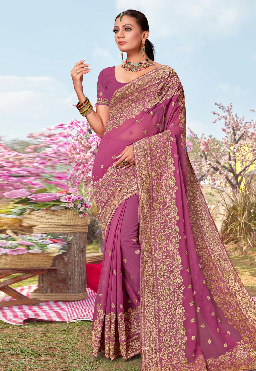 Pink Georgette Saree With Blouse 273276