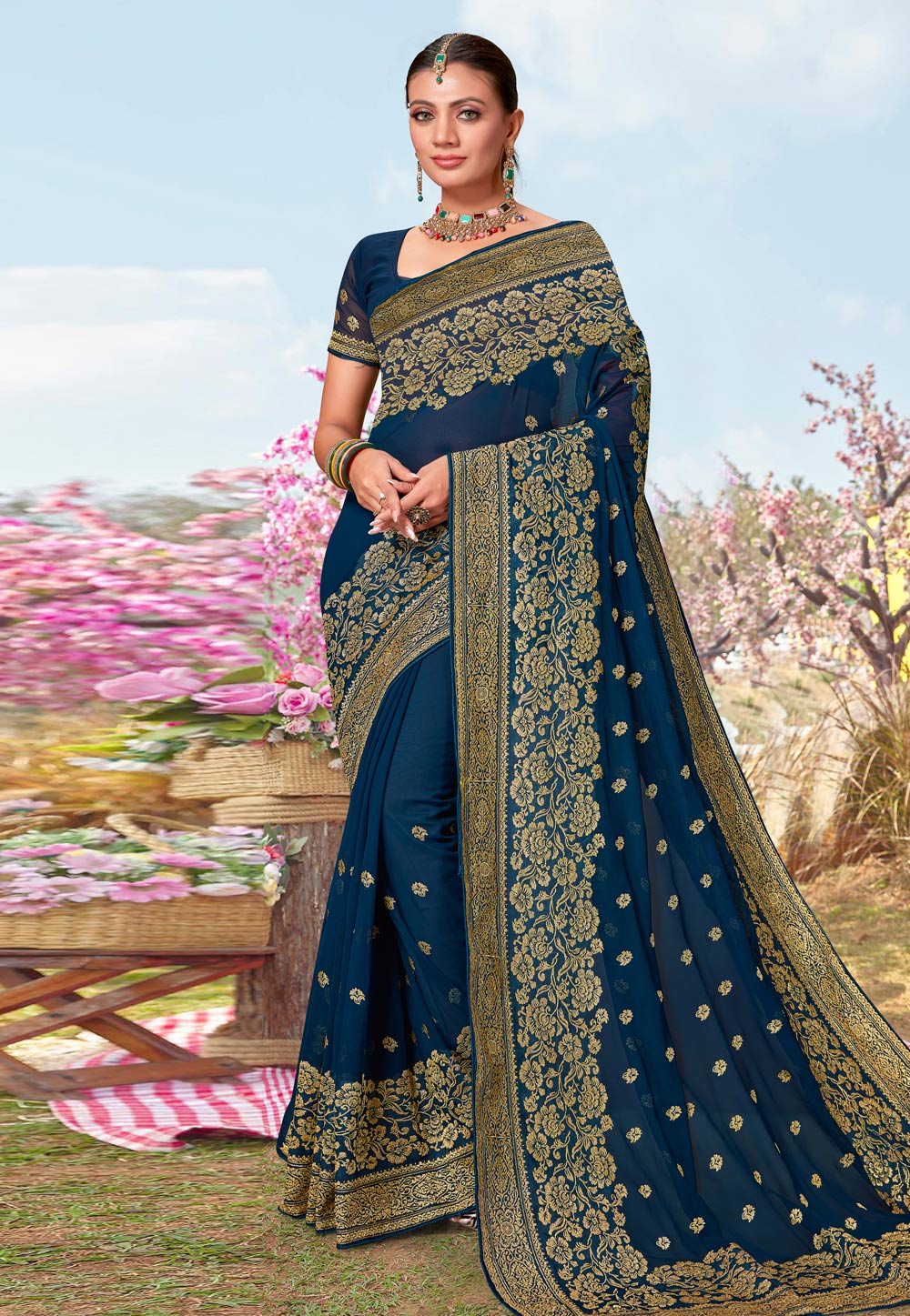 Navy Blue Georgette Saree With Blouse 273277