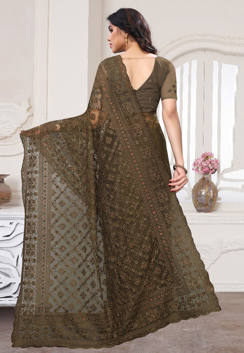 Mehndi Silk Saree With Blouse 229943