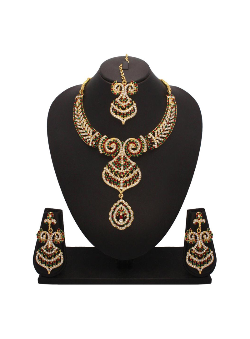 Red and Green Stone Studded Necklace Set with Mang Tikka 26821