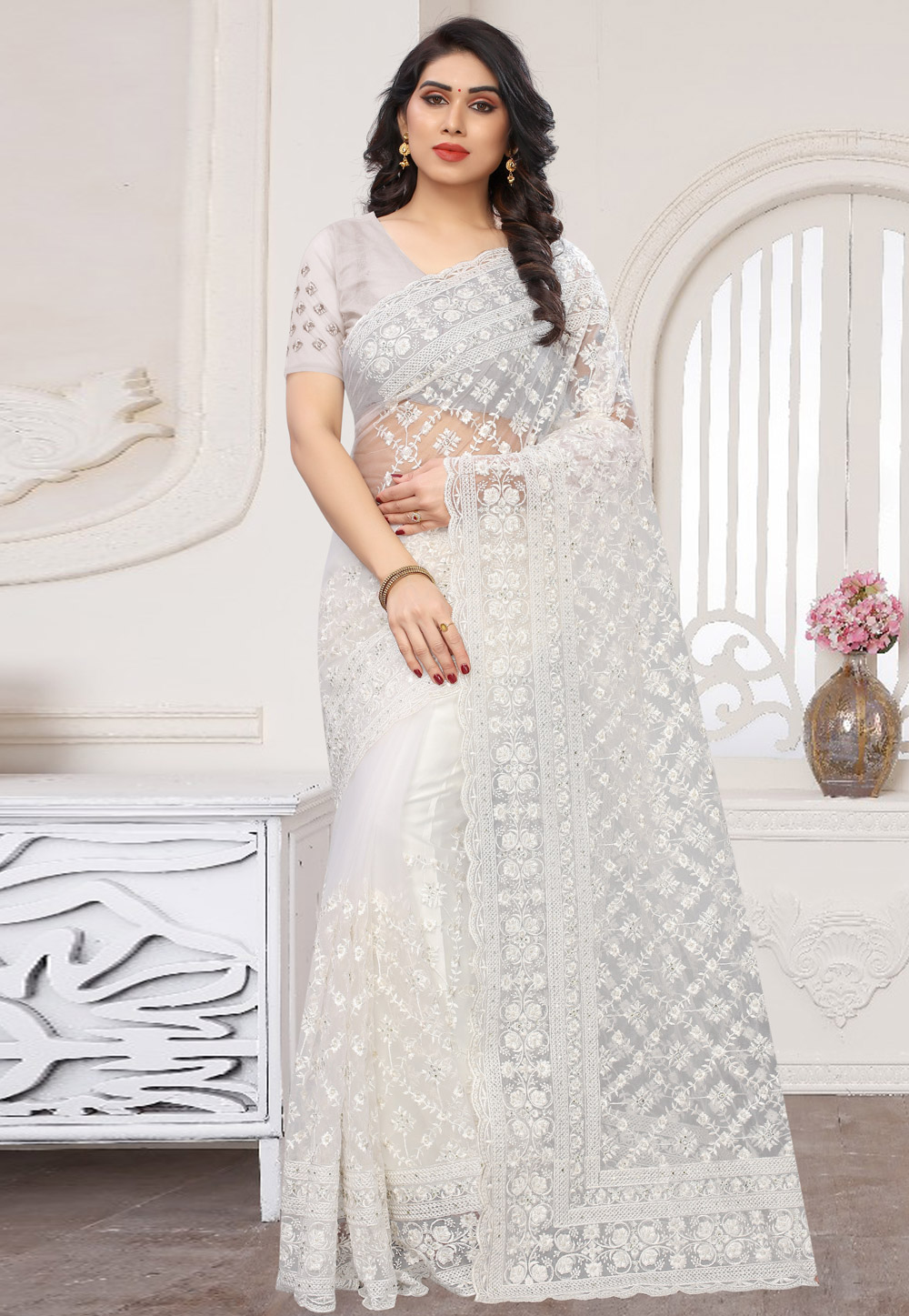 Off White Net Saree With Blouse 211208