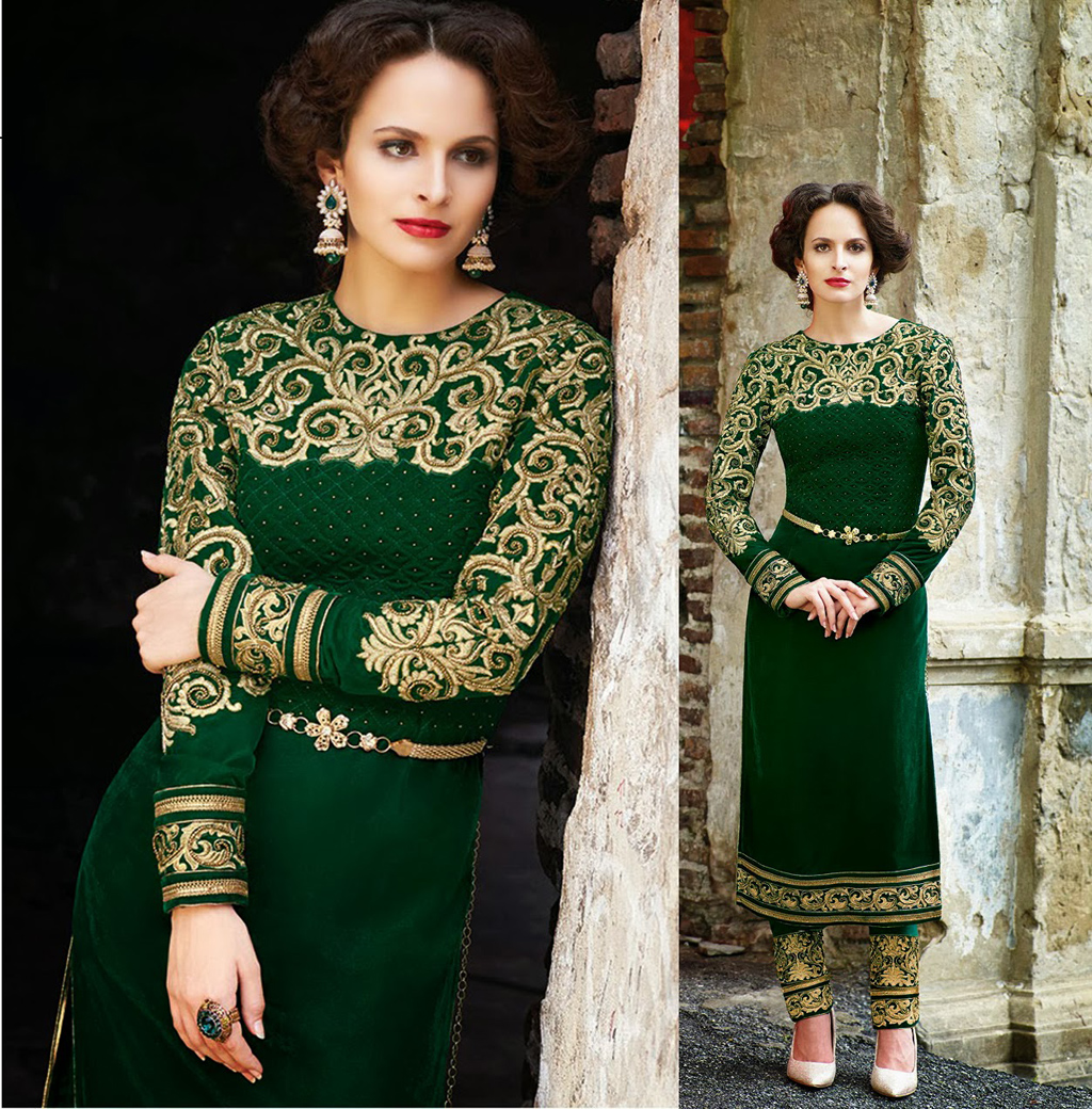 Green Embroidered Velvet Salwar Kameez 28420